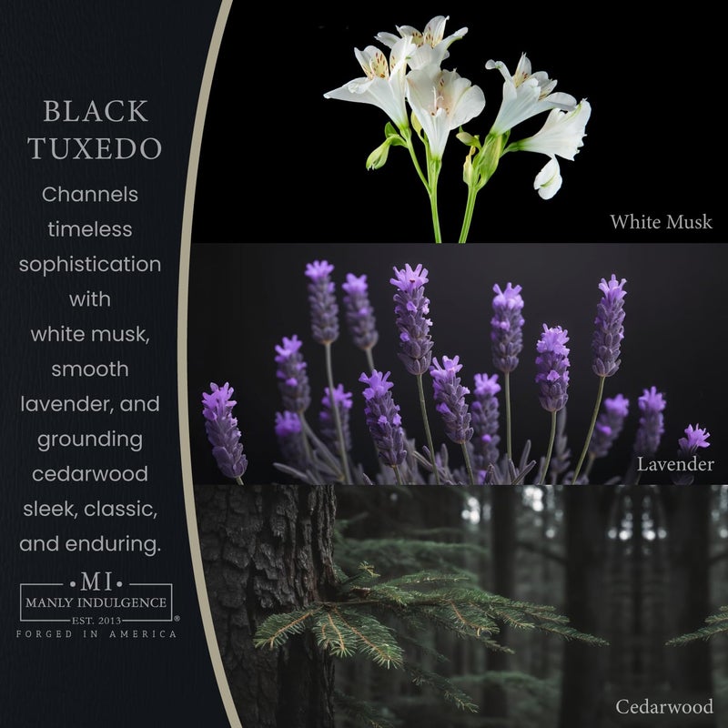Manly Indulgence Black Tuxedo Jar Candle 16.5 oz - White Musk, Lavender, Cedarwood, Jasmine & Earthy Orris - Up to 60 Hour Burn - Soy Blend Wax, USA Poured - Image 2